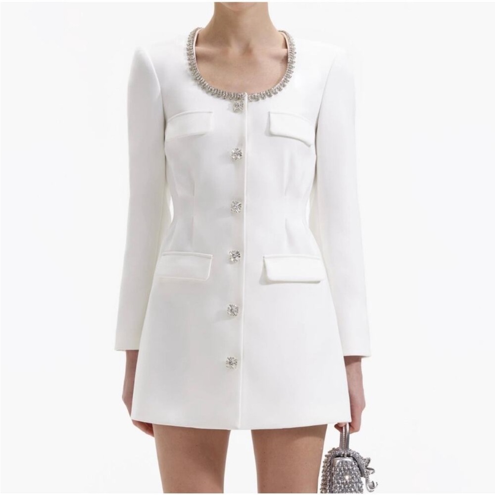Self Portrait Size 6 White Crepe Diamante Trim Mini Dress